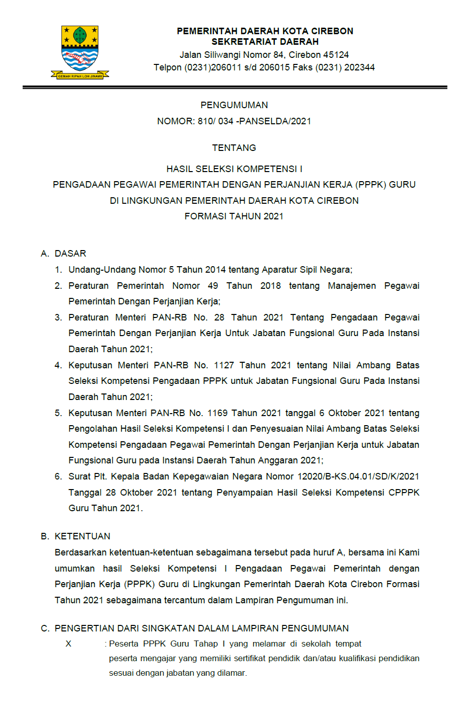 Hasil Seleksi Kompetensi Pengadaan Pegawai Pemerintah Dengan Perjanjian Kerja (PPPK) Guru di Lingkungan Pemerintah Daerah Kota Cirebon Formasi Tahun 2021