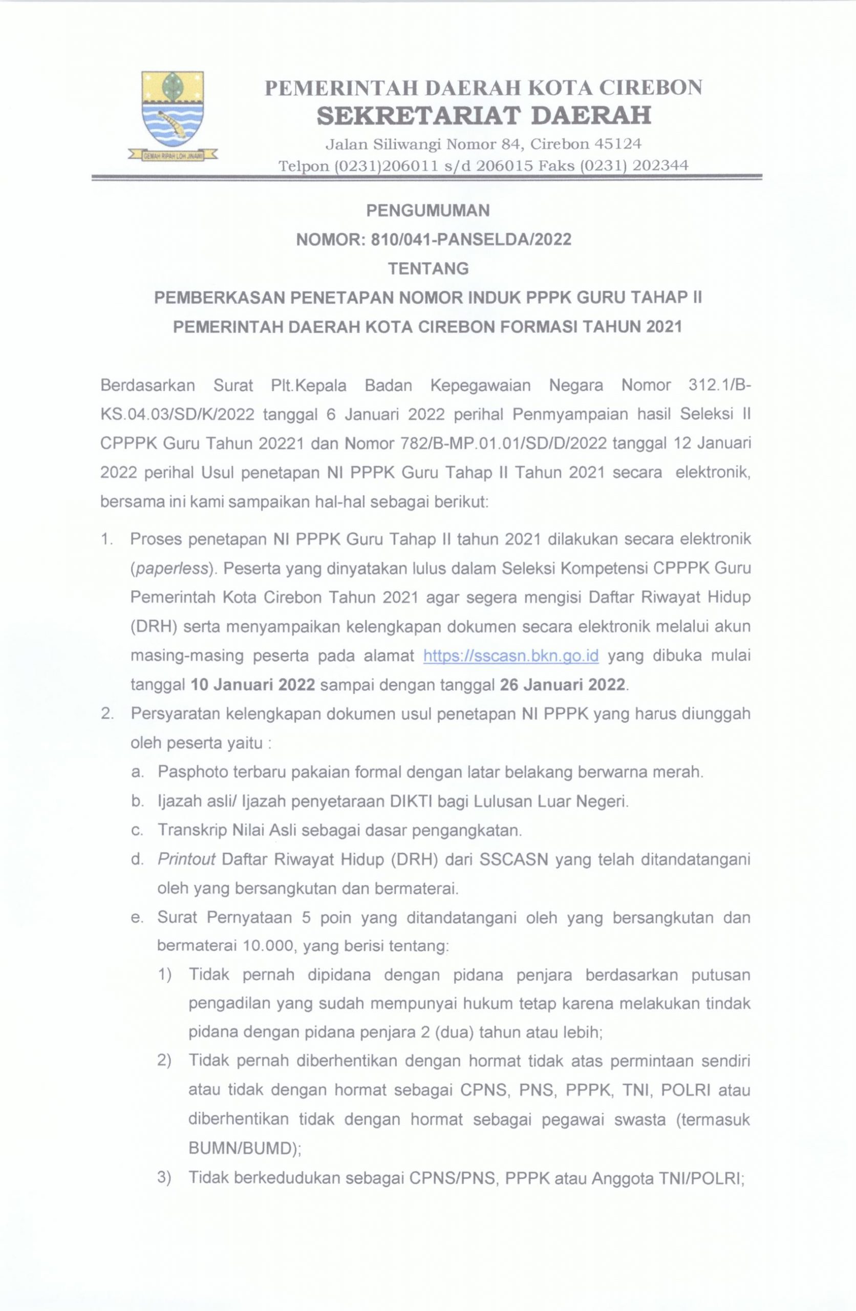Pemberkasan Penetapan Nomor Induk PPPK Guru Tahap II Pemerintah Daerah Kota Cirebon Formasi Tahun 2021