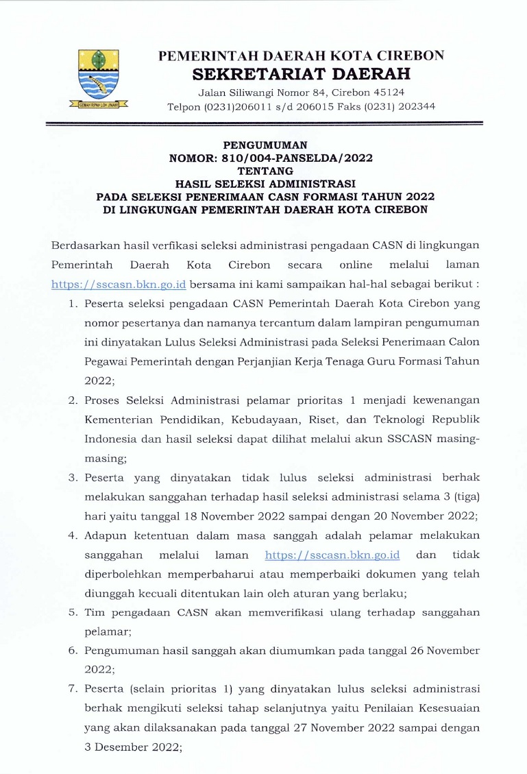 PENGUMUMAN HASIL SELEKSI ADMINISTRASI PADA SELEKSI PENERIMAAN CALON PEGAWAI DENGAN PERJANJIAN KERJA TENAGA GURU FORMASI TAHUN 2022