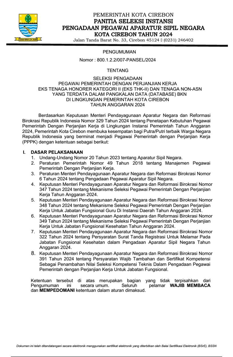 PENGUMUMAN SELEKSI PENGADAAN PEGAWAI PEMERINTAH DENGAN PERJANJIAN KERJA EKS TENAGA HONORER KATEGORI II (EKS THK-II) DAN TENAGA NON-ASN YANG TERDATA DALAM PANGKALAN DATA (DATABASE) BKN DI LINGKUNGAN PEMERINTAH KOTA CIREBON TAHUN ANGGARAN 2024