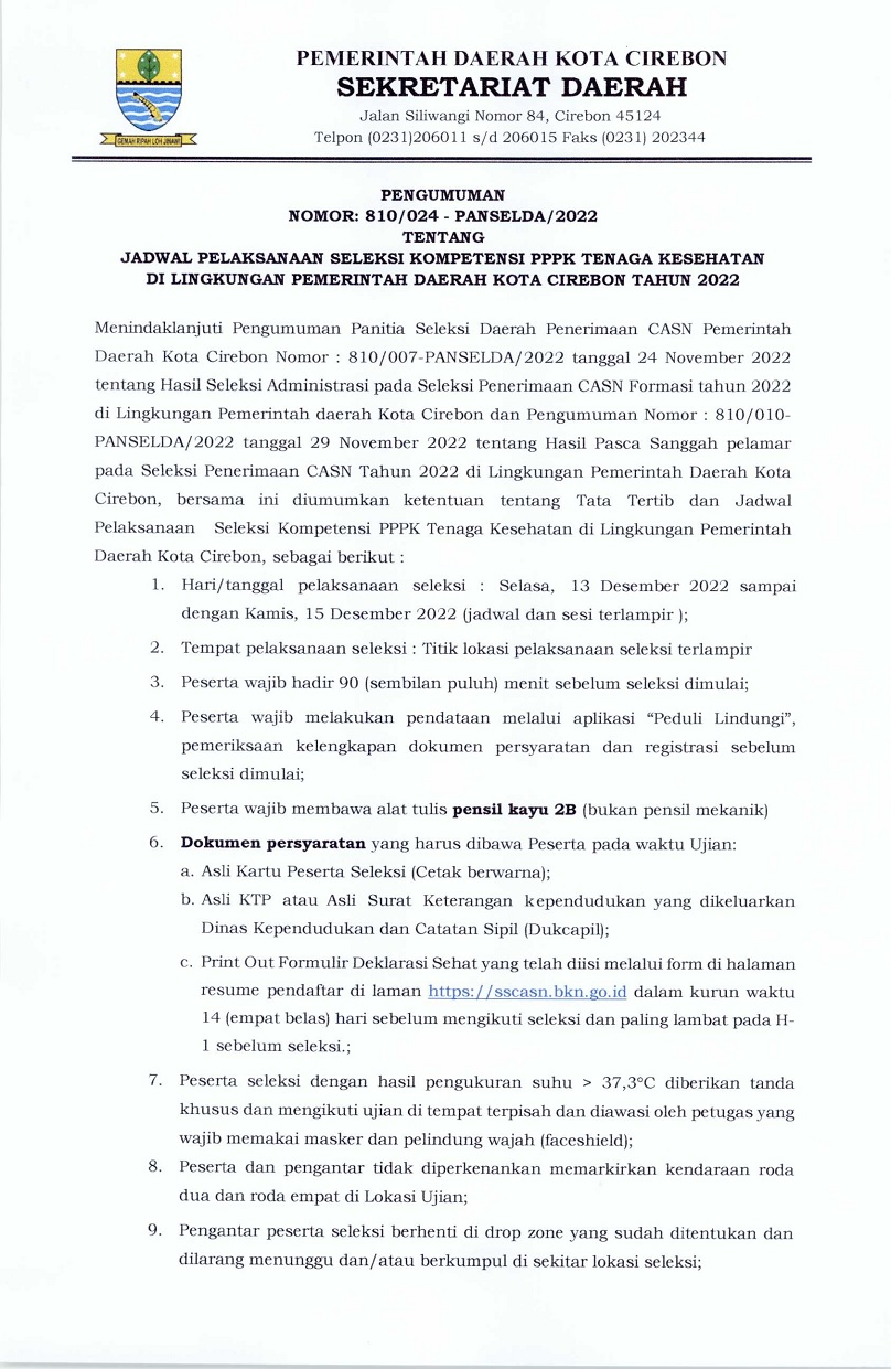 PENGUMUMAN JADWAL PELAKSANAAN SELEKSI KOMPETENSI PPPK TENAGA KESEHATAN DI LINGKUNGANPEMERINTAH DAERAH KOTA CIREBON TAHUN 2022