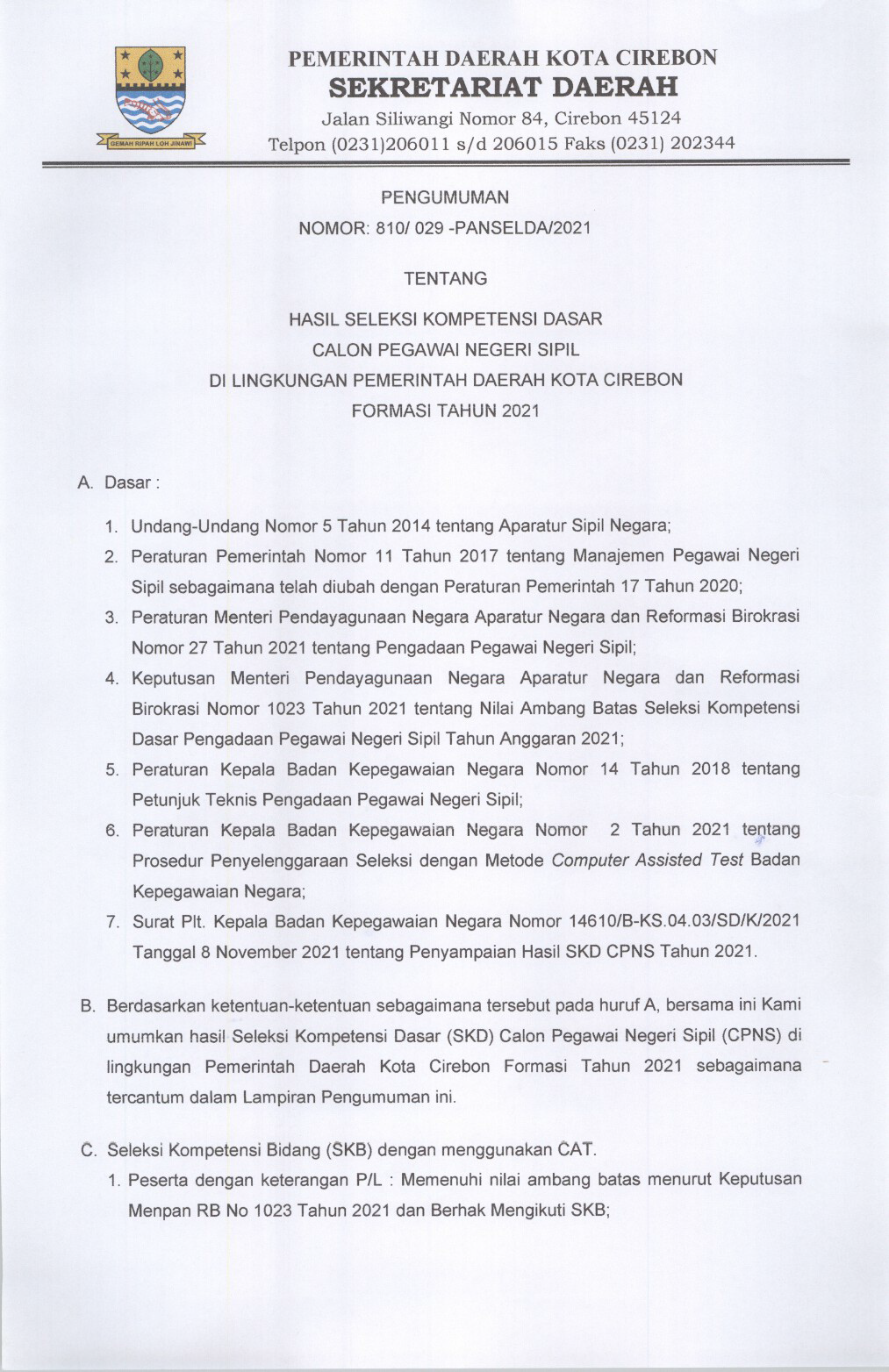 Pengumuman Hasil Seleksi Kompetensi Dasar (SKD) CPNS di Lingkungan Pemerintah Kota Cirebon Tahun 2021