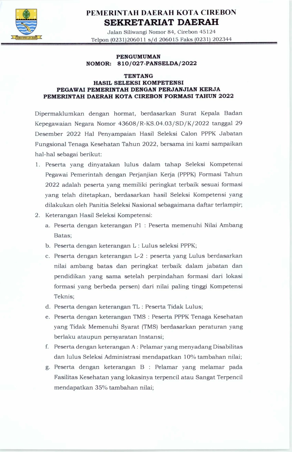 PENGUMUMAN HASIL SELEKSI KOMPETENSI PEGAWAI PEMERINTAH DENGAN PERJANJIAN KERJA PEMERINTAH DAERAH KOTA CIREBON FORMASI TAHUN 2022