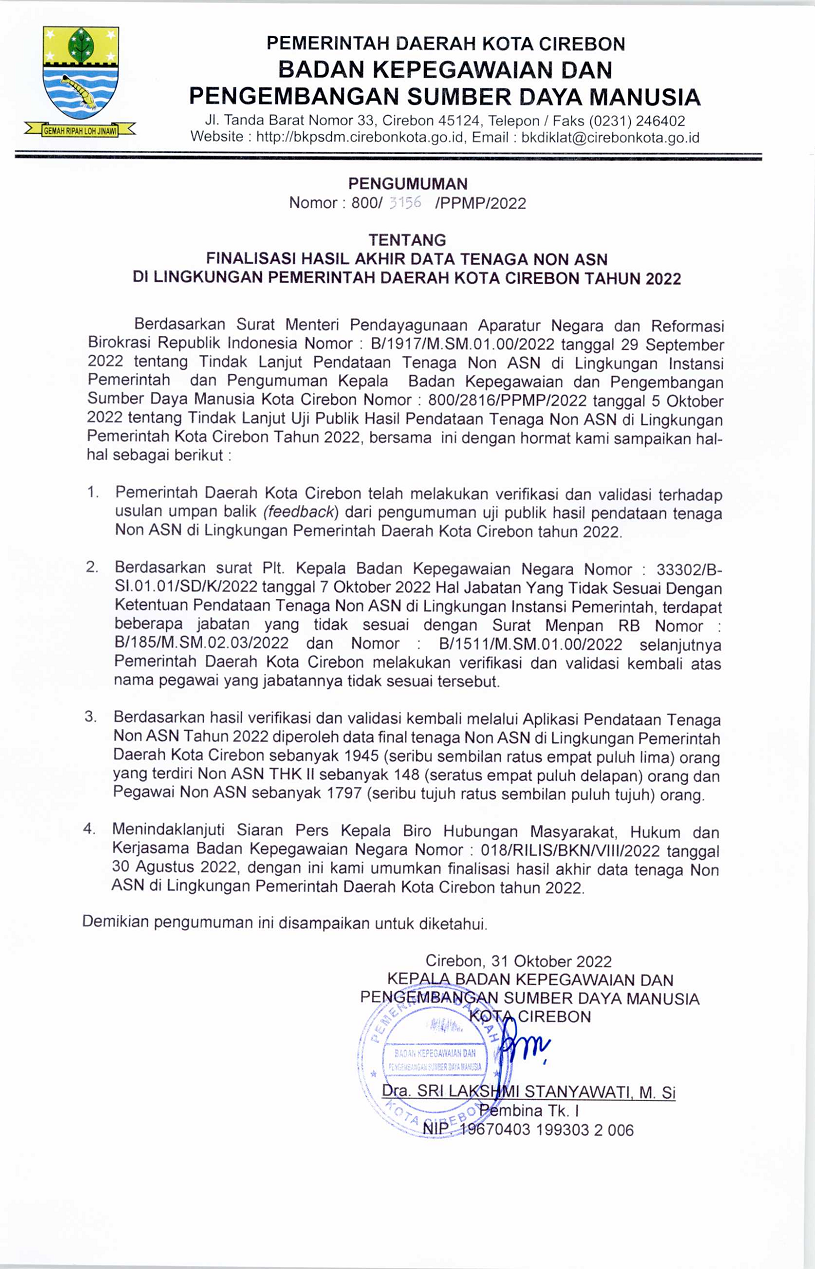 PENGUMUMAN FINALISASI HASIL AKHIR TENAGA NON ASN DI LINGKUNGAN PEMERINTAH DAERAH KOTA CIREBON TAHUN 2022