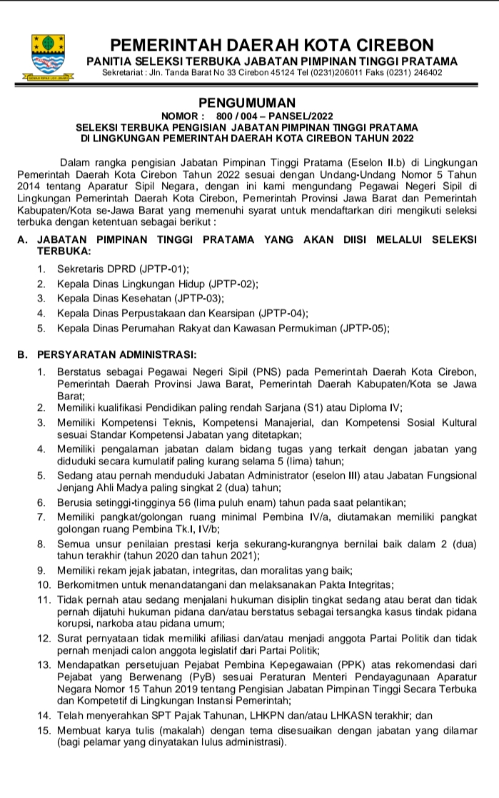 Pengumuman Seleksi Terbuka Jabatan Pimpinan Tinggi Pratama Di Lingkungan Pemerintah Daerah Kota Cirebon Tahun 2022