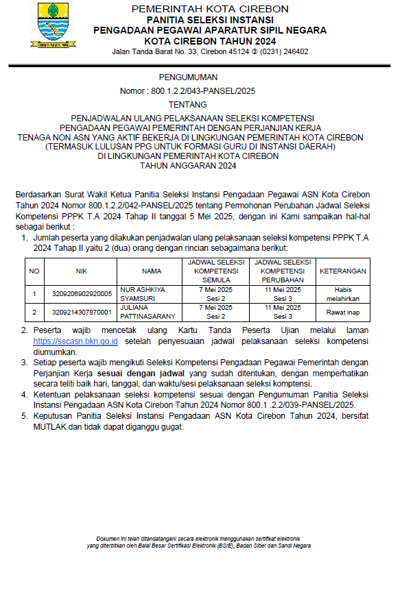 PENJADWALAN ULANG PELAKSANAAN SELEKSI KOMPETENSI PENGADAAN PEGAWAI PEMERINTAH NGAN PERJANJIAN KERJA TENAGA NON ASN YANG AKTIF BEKERJA DI LINGKUNGAN EMERINTAH OTA CIREBON (TERMASUK LULUSAN PPG UNTUK FORMASI GURU DI INSTANSI DAERAH)DI LINGKUNGAN PEMERINTAH KOTA CIREBON TAHUN ANGGARAN 2024