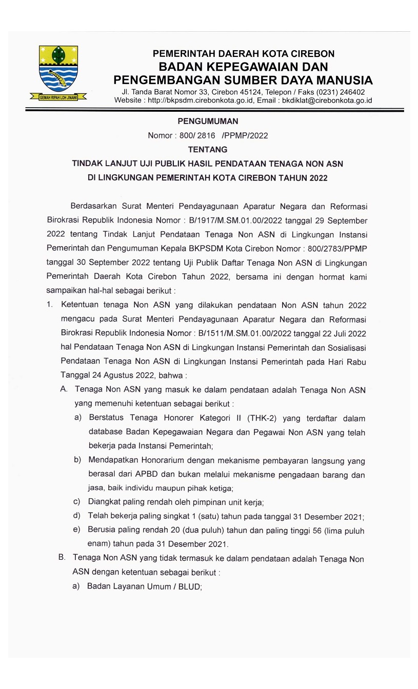 Pengumuman Uji Publik Hasil Pendataan Tenaga Non ASN di Lingkungan Pemerintah Kota Cirebon Tahun 2022