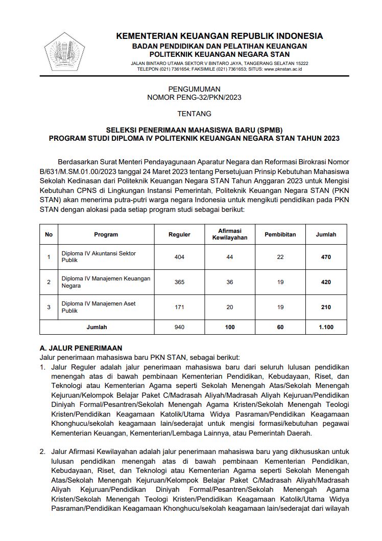 SELEKSI PENERIMAAN MAHASISWA BARU (SPMB) PROGRAM STUDI DIPLOMA IV POLITEKNIK KEUANGAN NEGARA STAN TAHUN 2023