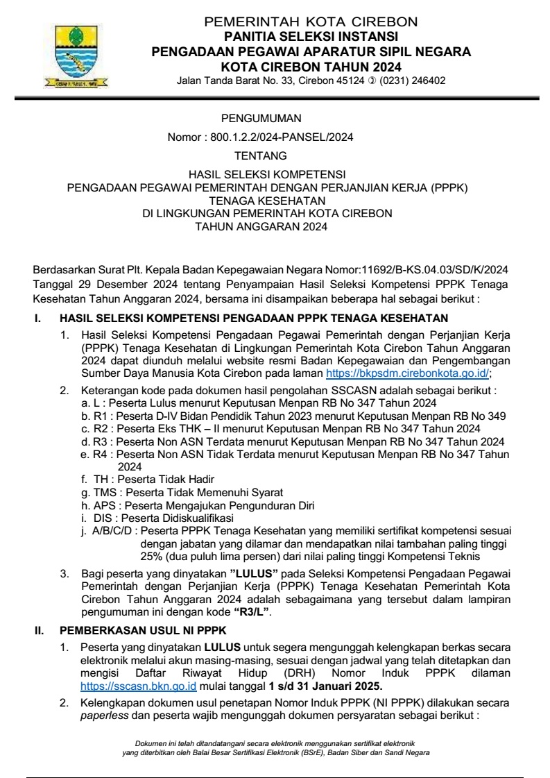 PENGUMUMAN HASIL SELEKSI KOMPETENSI PENGADAAN PEGAWAI PEMERINTAH DENGAN PERJANJIAN KERJA (PPPK) TENAGA KESEHATAN DI LINGKUNGAN PEMERINTAH KOTA CIREBON TAHUN ANGGARAN 2024