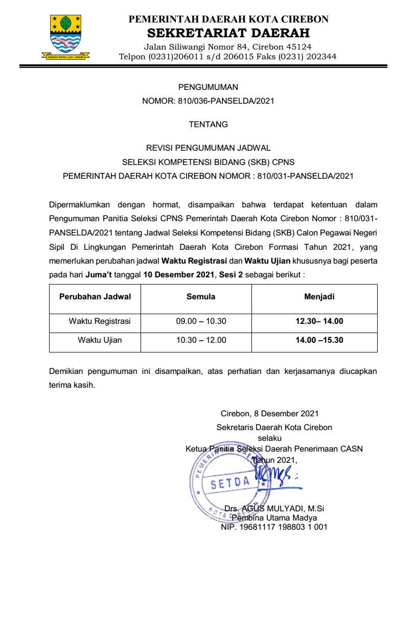 Revisi Pengumuman Jadwal Seleksi Kompetensi Bidang (SKB) CPNS Pemerintah Daerah Kota Cirebon Tahun 2021