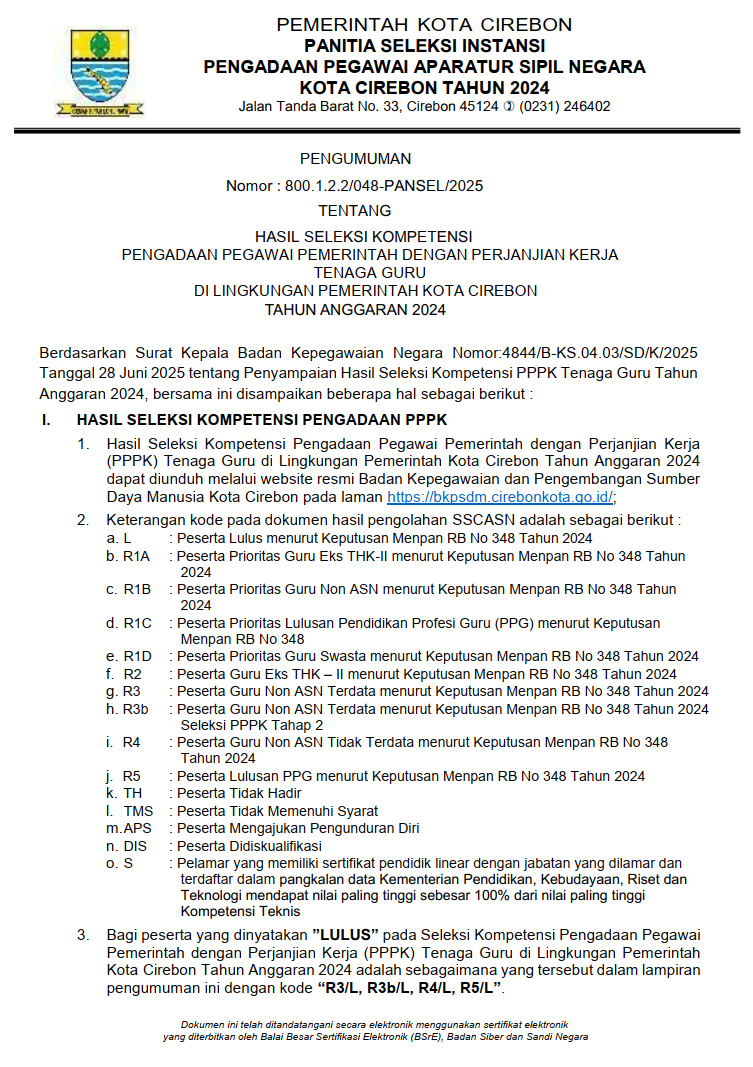HASIL SELEKSI KOMPETENSI PENGADAAN PEGAWAI PEMERINTAH DENGAN PERJANJIAN KERJA TENAGA GURU DI LINGKUNGAN PEMERINTAH KOTA CIREBON TAHUN ANGGARAN 2024
