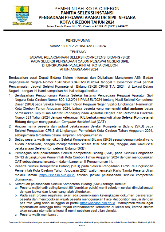 JADWAL PELAKSANAAN SELEKSI KOMPETENSI BIDANG (SKB) PADA SELEKSI PENGADAAN CALON PEGAWAI NEGERI SIPIL DI LINGKUNGAN PEMERINTAH KOTA CIREBON TAHUN ANGGARAN 2024
