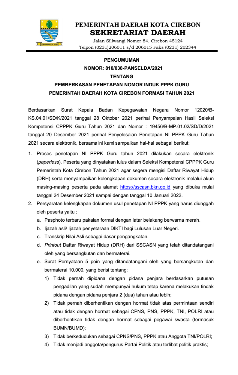 Pemberkasan Penetapan Nomor Induk PPPK Guru Pemerintah Daerah Kota Cirebon Formasi Tahun 2021