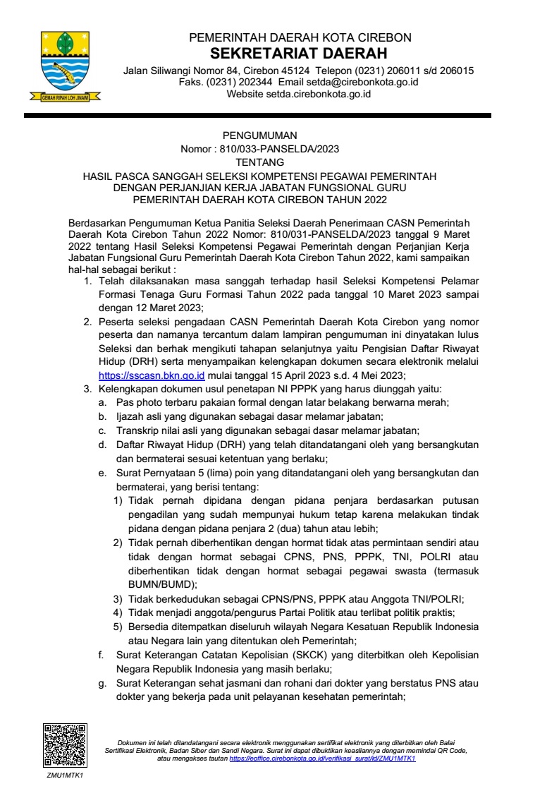 PENGUMUMAN HASIL PASCA SANGGAH SELEKSI KOMPETENSI PEGAWAI PEMERINTAH DENGAN PERJANJIAN KERJA JABATAN FUNGSIONAL GURUPEMERINTAH DAERAH KOTA CIREBON TAHUN 2022