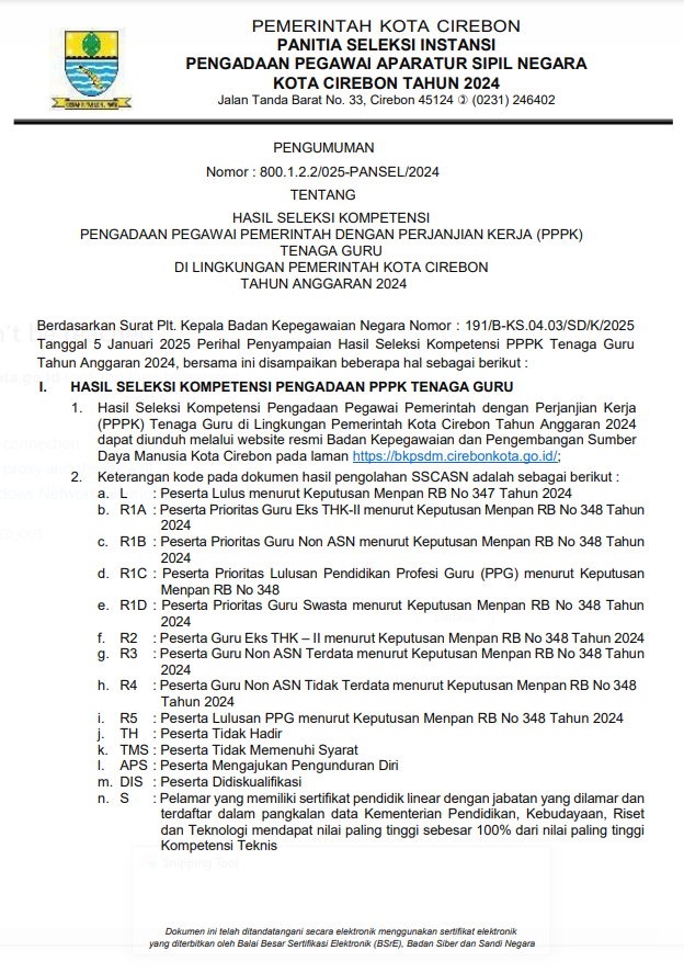 HASIL SELEKSI KOMPETENSI PENGADAAN PEGAWAI PEMERINTAH DENGAN PERJANJIAN KERJA (PPPK) TENAGA GURU DI LINGKUNGAN PEMERINTAH KOTA CIREBON TAHUN ANGGARAN 2024