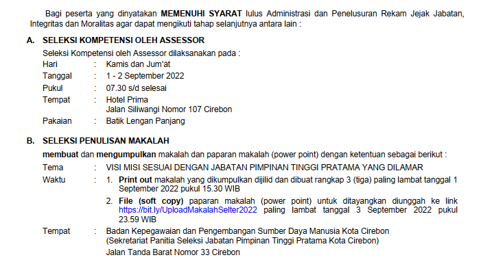 PENGUMUMAN HASIL SELEKSI ADMINISTRASI DAN PENELUSURAN REKAM JEJAK JABATAN, INTEGRITAS DAN MORALITAS CALON PEJABAT PIMPINAN TINGGI PRATAMA PEMERINTAH KOTA CIREBON TAHUN 2022