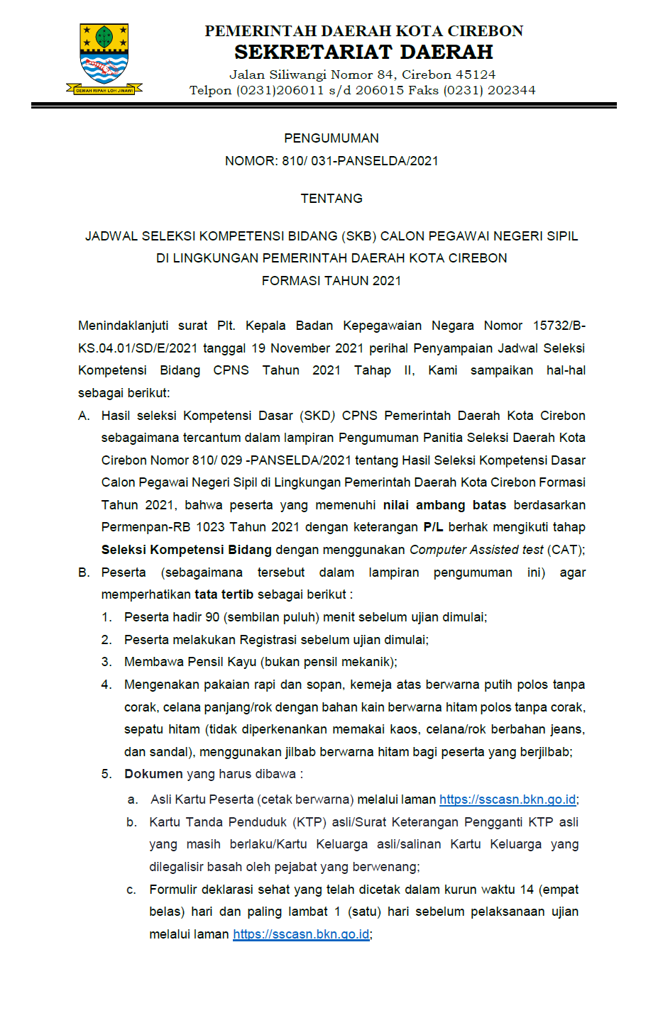 Pengumuman Jadwal Seleksi Kompetensi Bidang (SKB) Calon Pegawai Negeri Sipil Formasi Tahun 2021