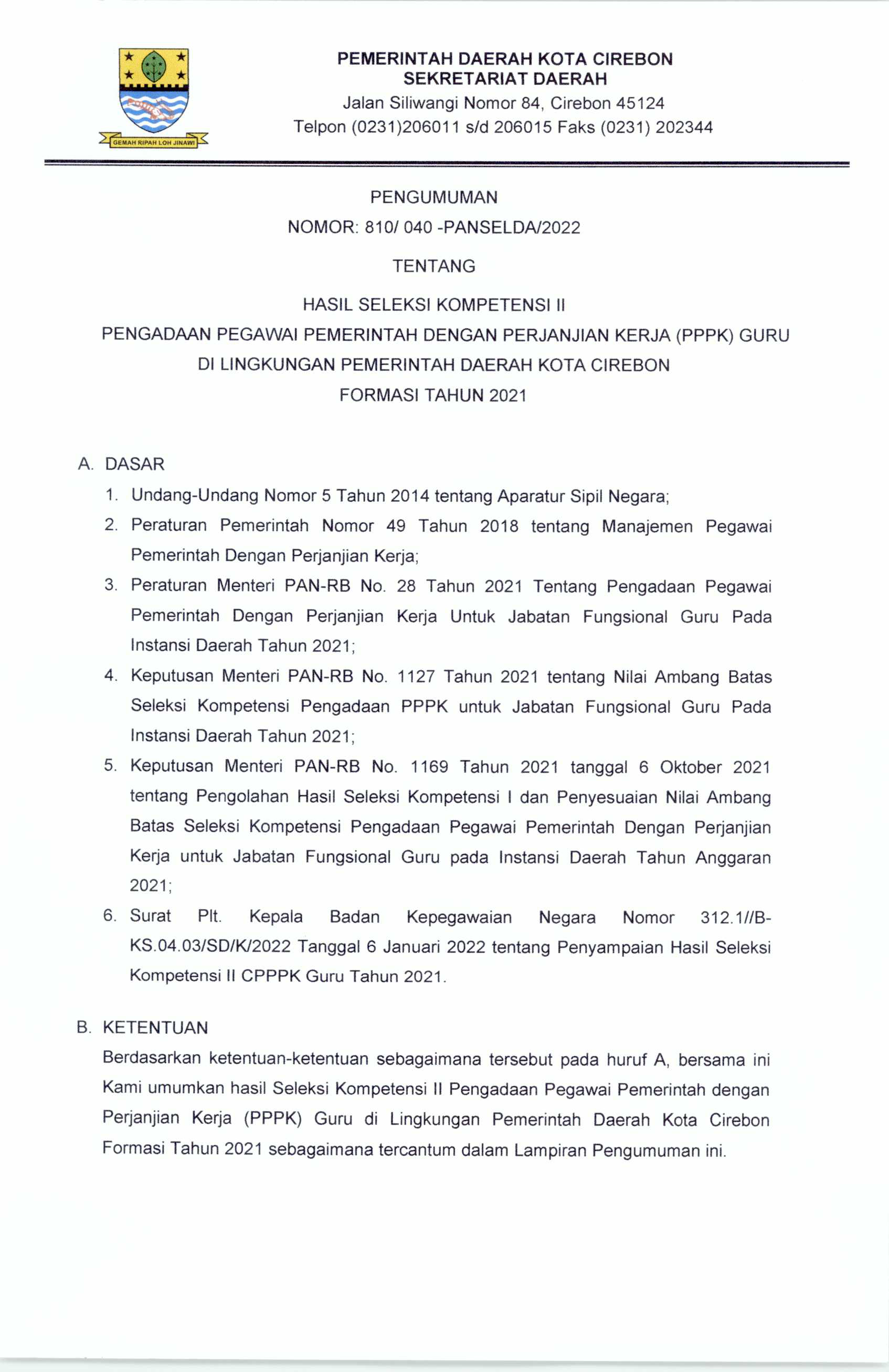 Hasil Seleksi Kompetensi II Pengadaan Pegawai Pemerintah Dengan Perjanjian Kerja (PPPK) Guru di Lingkungan Pemerintah Daerah Kota Cirebon Formasi Tahun 2021