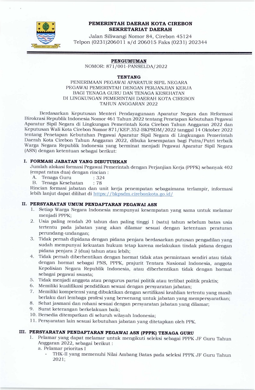 PENGUMUMAN PENERIMAAN PEGAWAI APARATUR SIPIL NEGARA DI LINGKUNGAN PEMERINTAH DAERAH KOTA CIREBON TAHUN ANGGARAN 2022