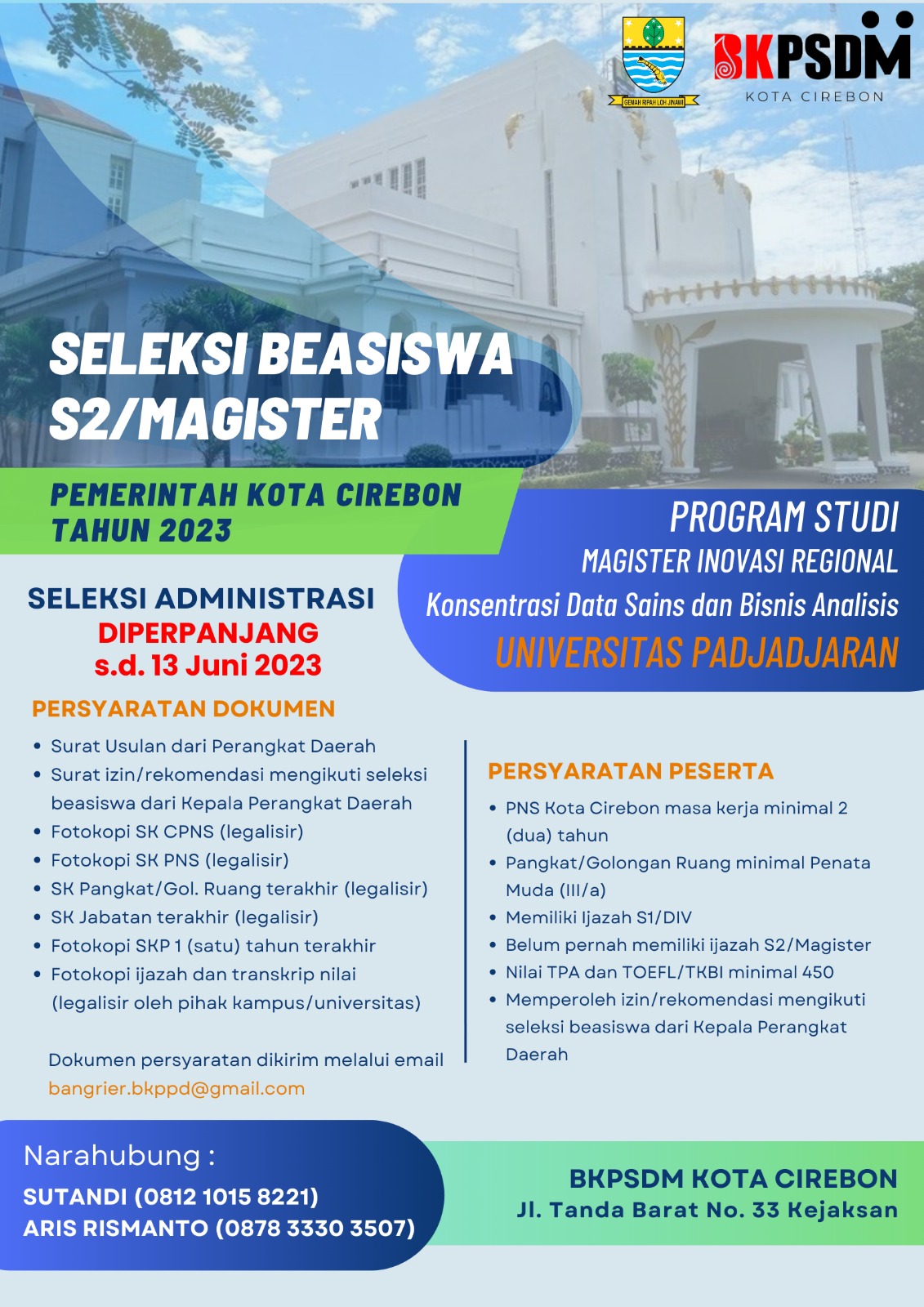 Perpanjangan Waktu Pendaftaran Seleksi Program Beasiswa S2/Magister Pemerintah Daerah Kota Cirebon Tahun 2023