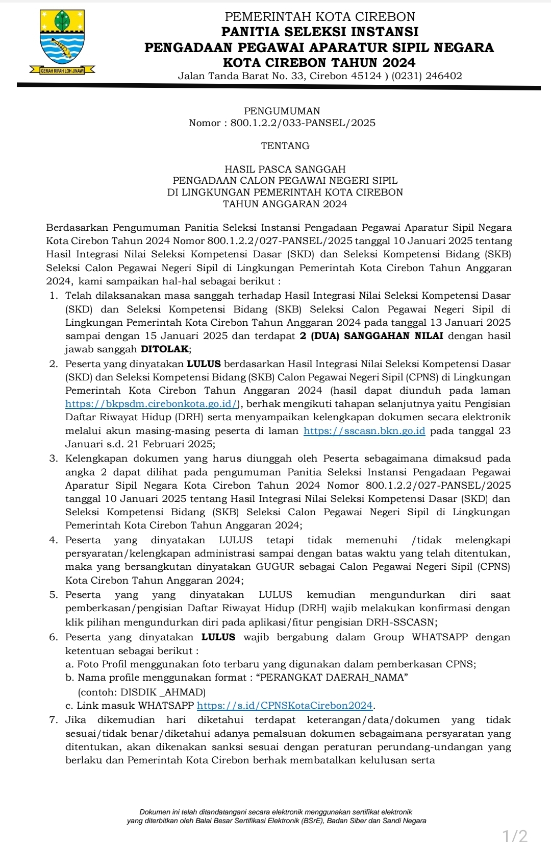 Hasil Pasca Sanggah Pengadaan Calon Pegawai Negeri Sipil di Lingkungan Pemerintah Kota Cirebon Tahun Anggaran 2024