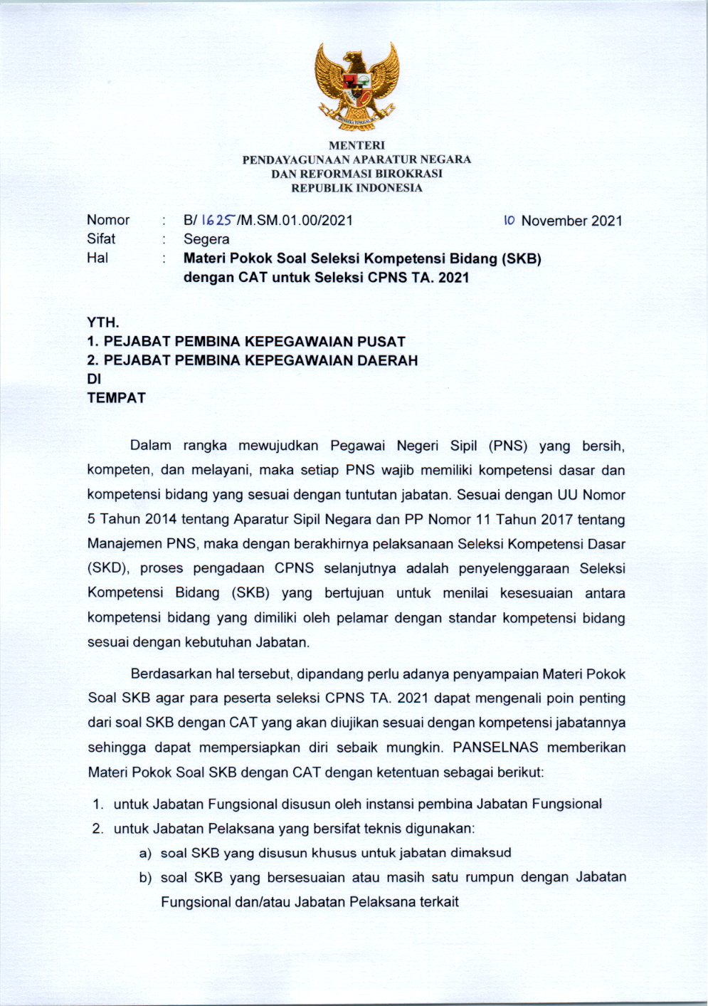 Materi Pokok Soal Seleksi Kompetensi Bidang (SKB) Dengan CAT Untuk Seleksi CPNS Tahun 2021
