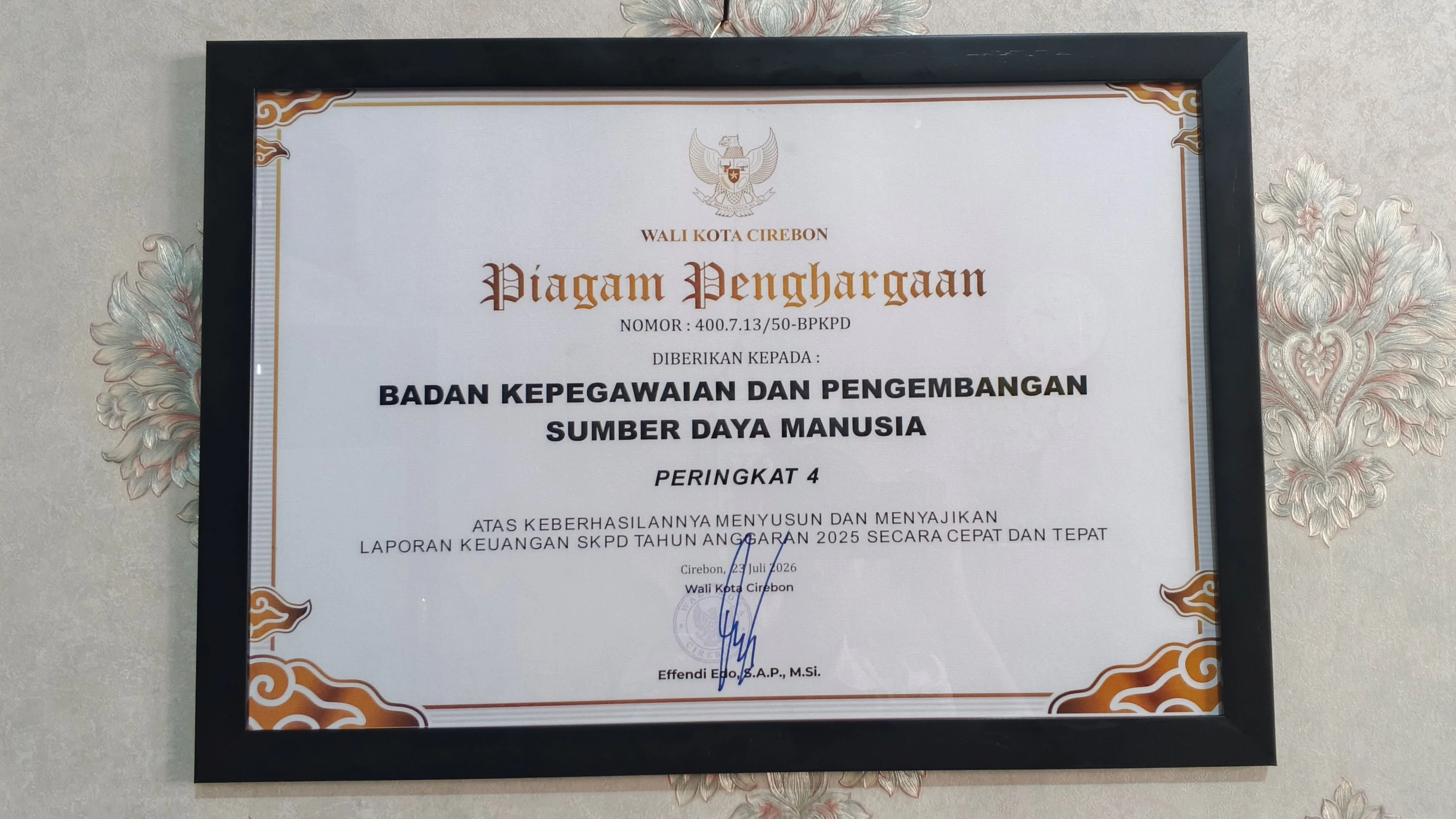 BKPSDM Kota Cirebon Raih Peringkat 4 Penyusunan dan Penyajian Laporan Keuangan SKPD Tahun Anggaran 2025