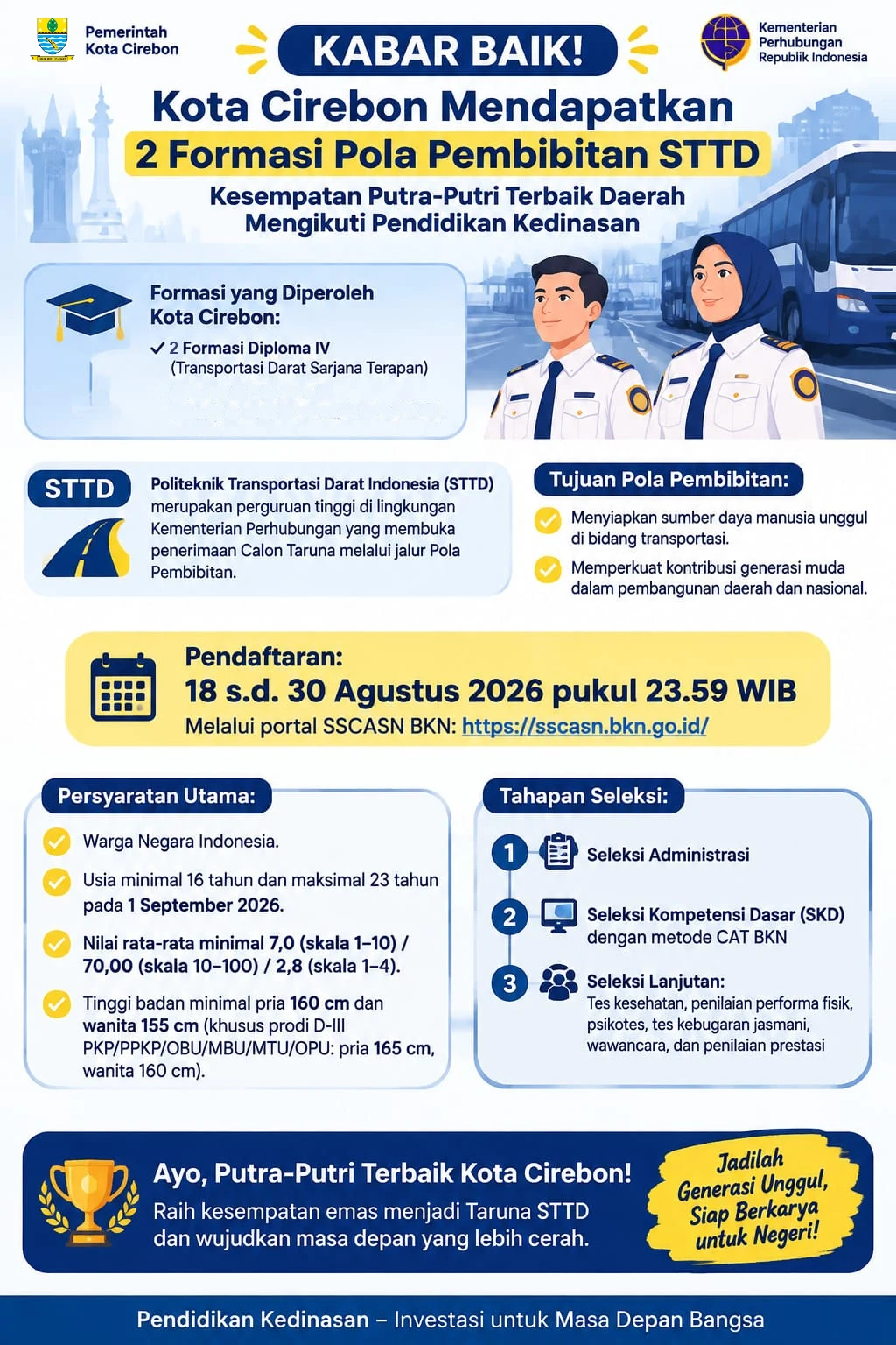 Kota Cirebon Mendapatkan 2 Formasi Pola Pembibitan STTD, Kesempatan Putra-Putri Terbaik Daerah Mengikuti Pendidikan Kedinasan